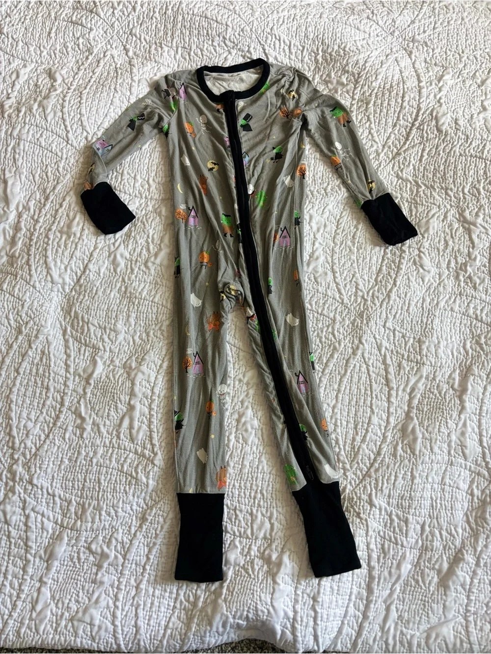 Angel Dear Gray Footed One-Piece Pajama with Black Trim and Multicolor Prints